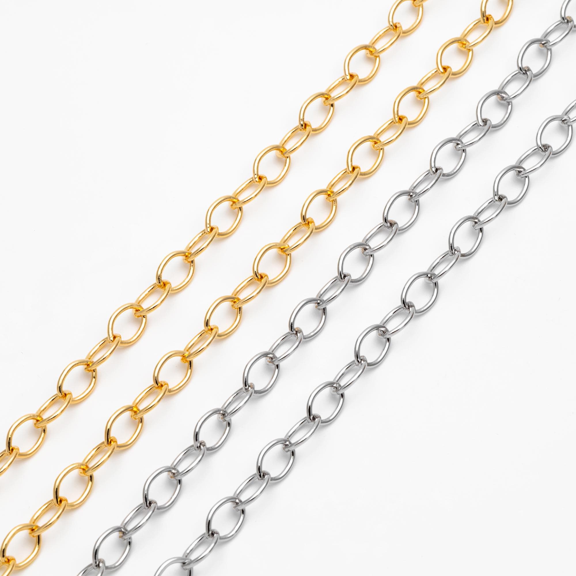Gold/ Rhodium plated Brass Oval Chains, Link Size 6.3x9mm, Cable Chain Findings Wholesale (#LK-331)/ 1 Meter=3.3 ft